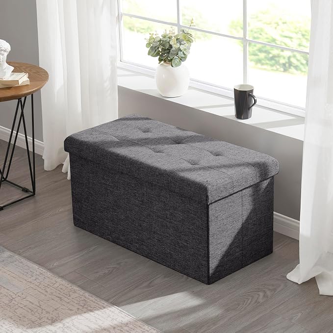 Ornavo Home Folding Storage Ottoman, 30 Inch Large Storage Bench with Lid, Foot Rest Stool for Bedroom, Living Room, Entryway, Tufted Linen Upholstered - Dark Gray