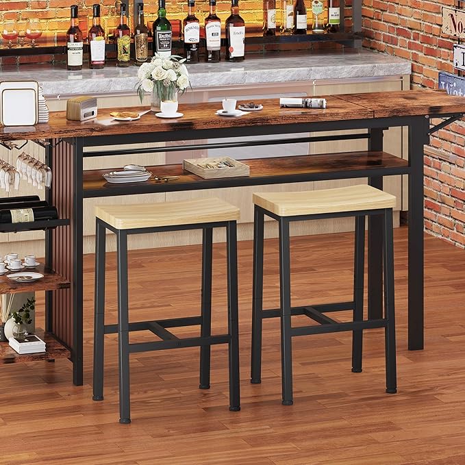 Homeiju Bar Stools, Counter Height Bar Stools Set of 2, 23.6 Inch Saddle Stools with Footrests, Industrial Kitchen Counter Seat for Dining Room, Kitchen, Counter, White Oak