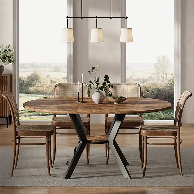 42"-58" Extendable Oval Dining Table for 4-6, Kitchen Round Table with Hidden Leaves & Storage Shelf, Space Saving Modern Design with Sturdy Metal Legs for Kitchen, Dining Room & Small Apartments