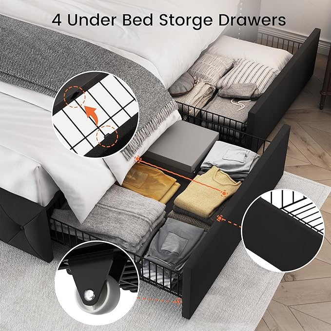LARMACE Queen Size Bed Frame with 4 Storage Drawers and 47.2" Tall Wingback Headboard Upholstered Platform Beds Velvet Tufted Bed Frame with Wooden Slats Support, Easy Assembly, Black