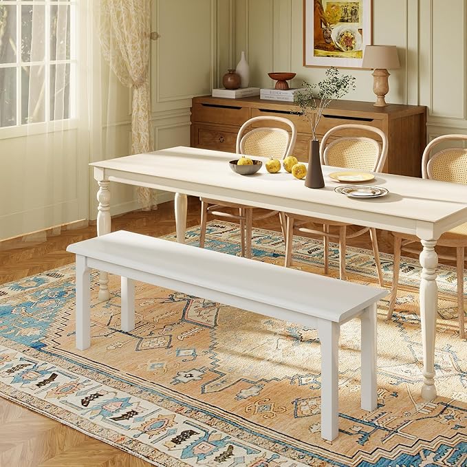Dining Bench 55.1" Wood Solid Oak Wooden Bed End/Entryway Bench for Bedroom Living Room Kitchen(White)