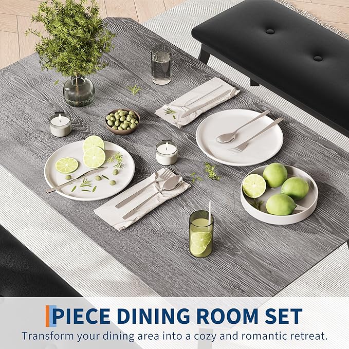 Dining Table for 4, 3-Piece Kitchen Table Set for 4 with Wooden Tabletop and Metal Frame, Industrial Kitchen Table with 2 PU Leather Benches for Bar, Dining Room, Restaurant(43''x28''x30''), Gray