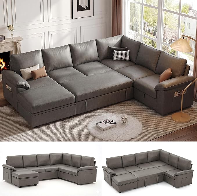 108 Inch Faux Leather Modular Sectional Sofa with Pull Out Bed,U Shaped 7 Seat Sectional Sleeper Sofa with Storage,Sectional Couches for Living Room,Cloud Modular Couch,Gray Leather