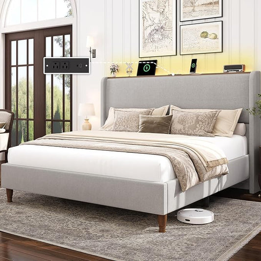LARMACE Queen Size Bed Frame with LED Lights and Charging Station Linen Upholstered Platform Bed Frame with 51.2" Tall Wingback Headboard and Storage Shelf, No Box Spring Needed, Easy Assembly, Grey