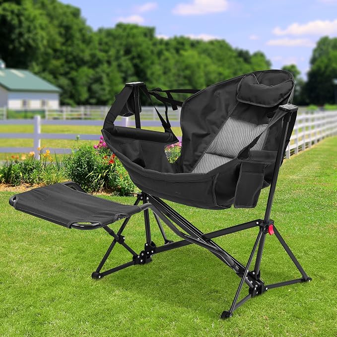 Ainfox Hammock Camping Chair with Footrest, Oversized Folding Swinging Chair for Adults, Rocking Portable Camp with Cup Holder Pillow for Outdoor Patio Lawn Poolside (Matt Black‌)