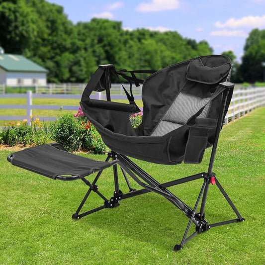 Ainfox Hammock Camping Chair with Footrest, Oversized Folding Swinging Chair for Adults, Rocking Portable Camp with Cup Holder Pillow for Outdoor Patio Lawn Poolside (Matt Black‌)