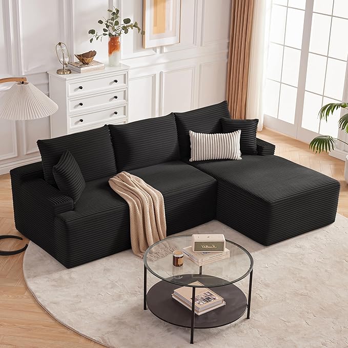 Mangodan Cloud Sectional Sofa, Boneless Couch for Living Room, Modular Sectional Sofa with Deep Seat, Fluffy L-Shaped Comfy Couch with Right-Facing Chaise, No Assembly Required, Black