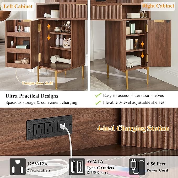 T4TREAM 48" Fluted Makeup Vanity Desk with HD Triple Mirror and Lights, Large Lighted Corner Vanity with Glass Top, Modern Dressing Table with 3 Drawers & 2 Cabinets for Bedroom, Light Walnut