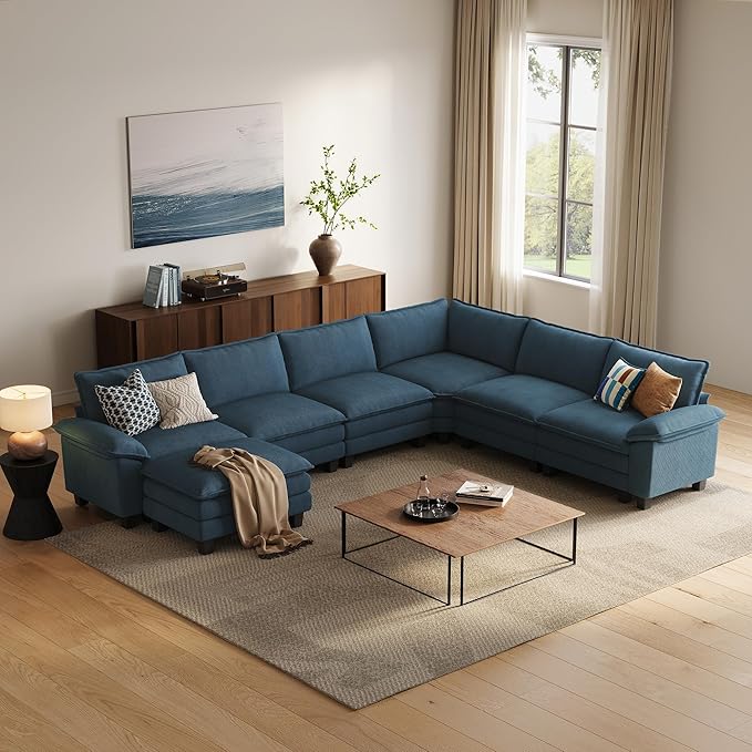 LINSY HOME Modular Sectional Sofa, 6-Seat Corduroy Modern Cloud Couch with Deep Seat & 1 Movable Ottoman, Perfect for Living Room, Office, Bedroom, Blue