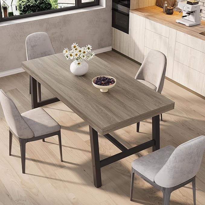 GarveeHome Industrial Dining Table for 4-6 People, 63" Long Kitchen Table with Sturdy Metal Frame, Rectangular Counter for Dinner, Kitchen, Dining Room (Grey Walnut, 63" Non-extendable)