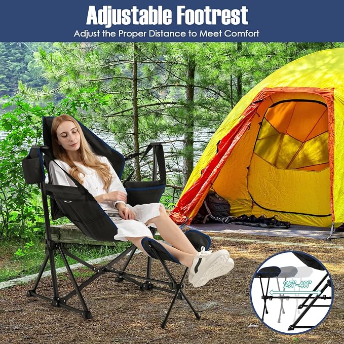 Giantex Outdoor Hammock Camping Chair - Rocking Chair with Removable Footrest, Adjustable Backrest, Pillow, Cup Holder, Storage Bag, Portable Fishing Chair for Poolside Patio Folding Chair (2, Black)