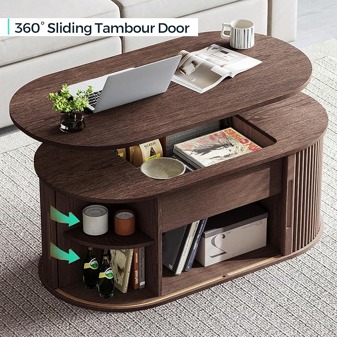LINSY Lift Top Coffee Table, Oval Fluted Coffee Table with Storage, Mid Century Modern Wooden Coffee Tables with Sliding Tambour Door, 39" Center Table for Living Room, Office, Small Space, Walnut