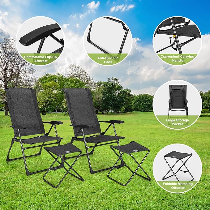 Giantex 4 Pcs Folding Patio Chairs with Footrest, Adjustable Back, 2 Pack Outdoor Portable Sling Patio Dining Chairs for Camping Lawn Bistro Porch Garden Yard Pool