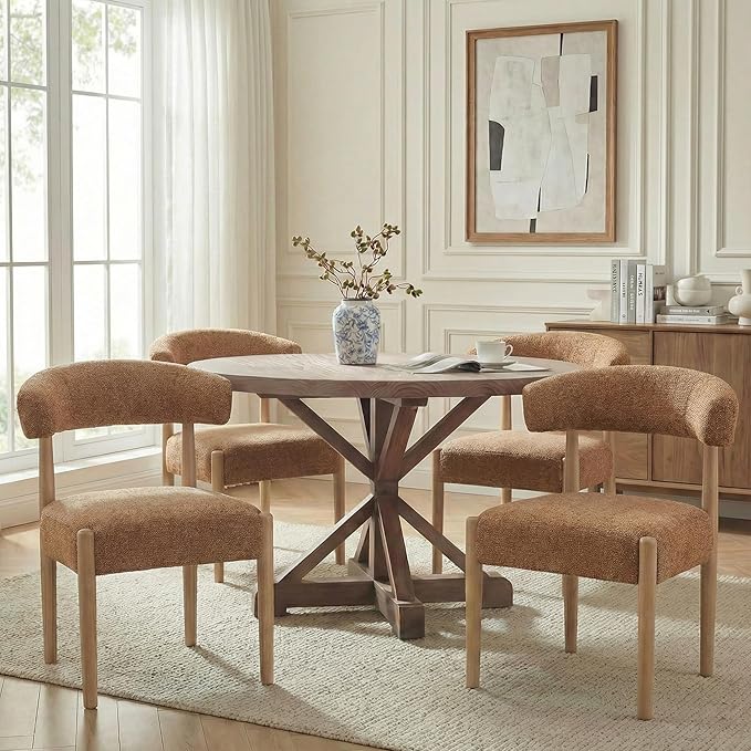 VKNOW Upholstered Dining Room Set for 4, Mid-Century Modern Dining Chairs Set of 2 and Dining Bench with Rubberwood Legs, for Dining Room, Living Room, Kitchen, Orange