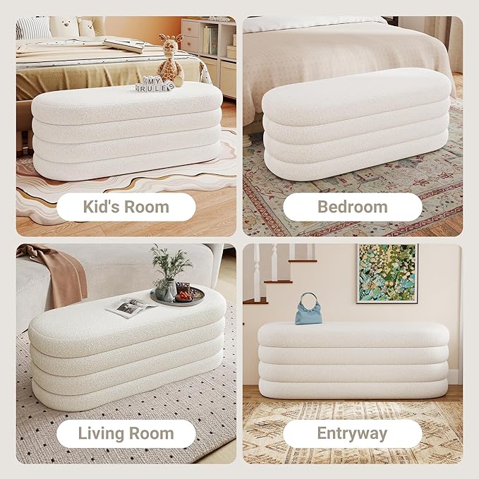 Busaurus Storage Ottoman Bench 49.2 Inch Upholstered Fabric Storage Bench for Bedroom End of Bed Aesthetic Large Oval Ottoman for Living Room Entryway (Ivory)