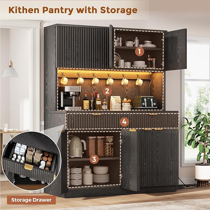 Fluted Kitchen Pantry Storage Cabinet with Charging Station/LED Light/Drawer/Doors/Shelves, 71'' Tall Kitchen Food Hutch with Microwave Stand for Dining Room Living Room (Black, 47*15.7*71)