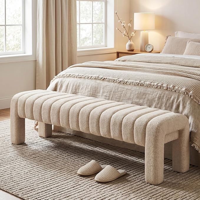 63’’ Bedroom Bench, Upholstered End of Bed Bench with Solid Wood Legs, Modern Cushioned Dining Bench with Full Covered Fabrics for Entryway, Bedroom, Living Room (Beige, Linen)