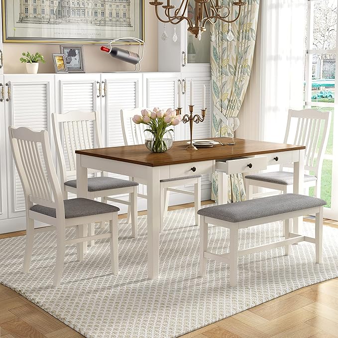 Merax Mid-Century 6-Piece Wood Dining Table Set with Drawer, 4 Upholstered Chairs and Bench, Butter Milk