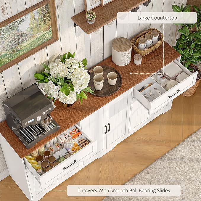 Whalefall 71" Farmhouse Sideboard Buffet Cabinet with Storage, Large Coffee Bar with 2 Drawers & 6 Doors, Kitchen Storage Credenza with Adjustable Shelves for Dining Room, White