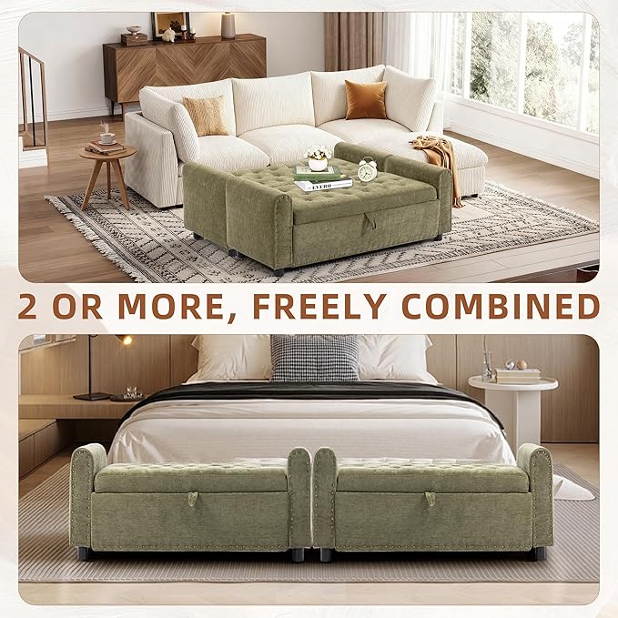 48" Ottoman with Storage, Tufted Storage Ottoman Bench, Convenient Living Room Fabrics Bench Seat, Entryway Shoe Benches with Inner Zipper & Arm, Rivetless Upholstered Window Seat Ottomans, Green