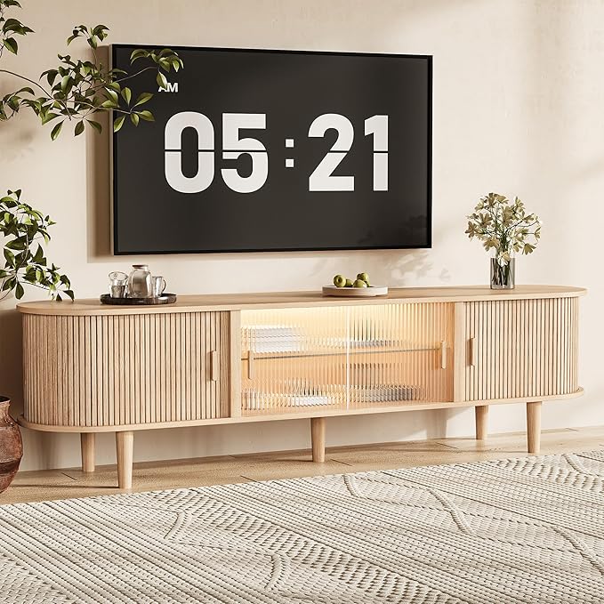 70" Fluted TV Stand with LED Lights for TVs up to 75 Inch, Mid Century Modern Entertainment Center with Sliding Doors & Glass Shelf, TV Console Table Media Console for Living Room, Natural Oak