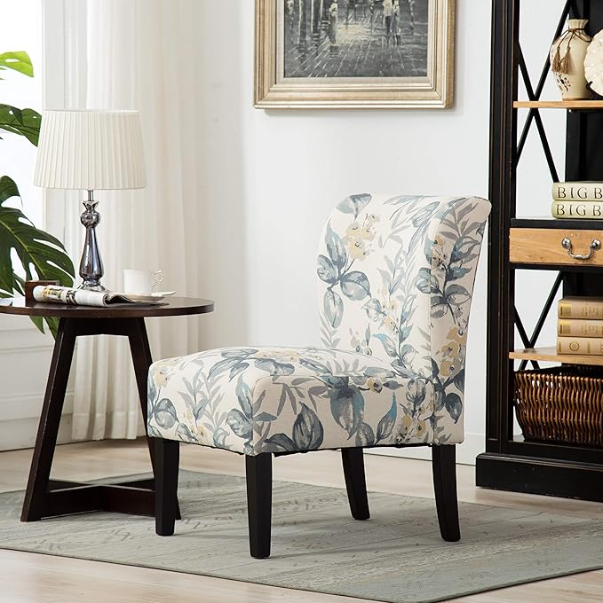 Roundhill Furniture Capa Print abric Armless Contemporary Accent Chair, Blue Leaves