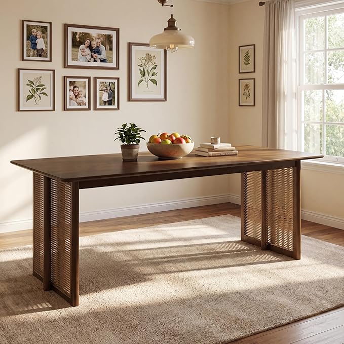 Merax Rustic Wooden Rectangular Kitchen Table with Rattan Accents Legs, Farmhouse 70.87''L Dinning Table for Living Room, Kitchen, Dining Room,800 lbs Capacity, Walnut