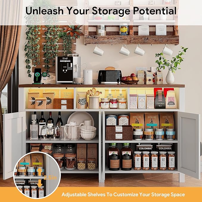 knoworld Buffet Sideboard with Storage with Power Outlets & LED Light 4 Doors, 55'' Large Farmhouse Kitchen Storage Cabinet Wood Coffee Bar Cabinet Buffet Table for Kitchen, Dining Room, Entryway