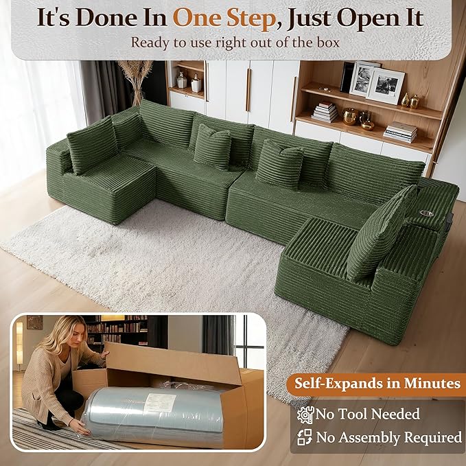 138" Cloud Sectional Couch, Comfort U Shaped Sofa for Living Room, Extra Deep Seats No Assembly, Minimalist Modular Couch, Corduroy (Olive Green, 6 Seats,U-Shape B)