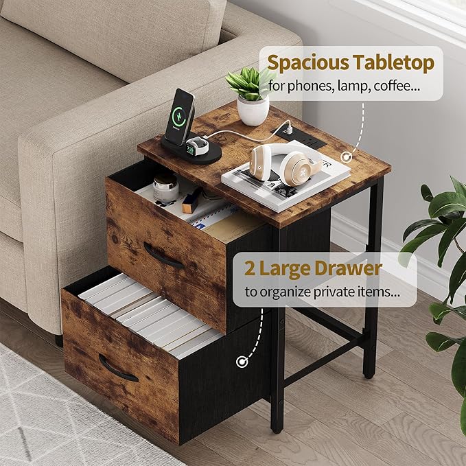Vagusicc Nightstand with Charging Station, Bedside Table with USB Ports and Outlet, End Table Side Table with 2 Fabric Drawers for Bedroom, Living Room, Rustic Brown