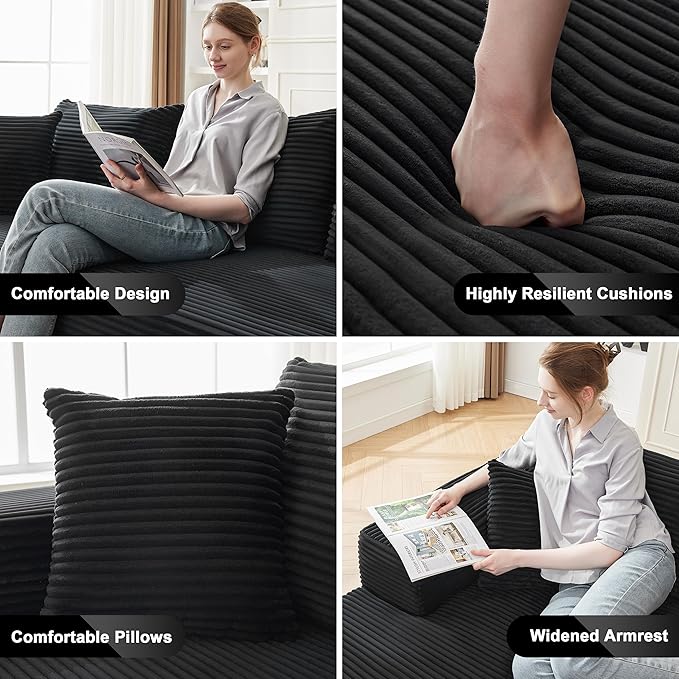 Mangodan 110” Cloud Sectional Couch, Boneless Sofa for Living Room, Modular Sectional Sofa with Deep Seat, Comfy Fluffy Couch with L-Shaped Chaise, No Assembly Required (Left-Facing Chaise, Black)