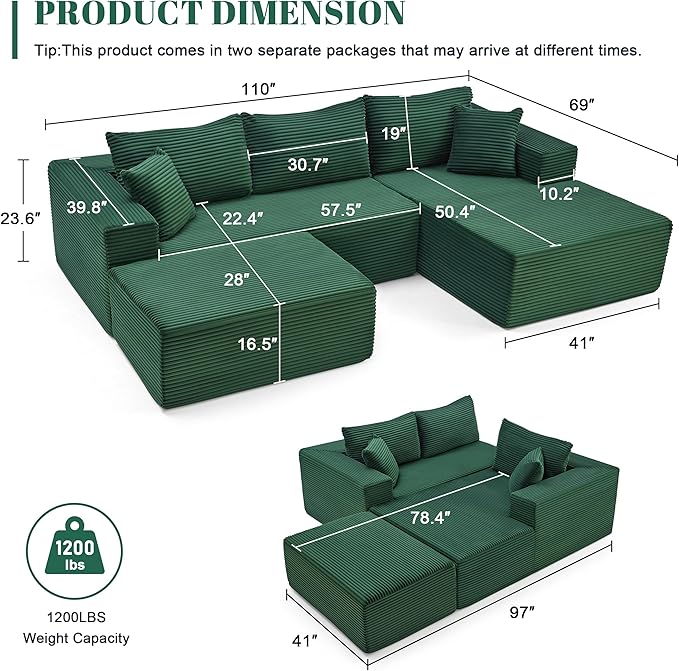 Mangodan 110” Cloud Sectional Couch, Boneless Sofa for Living Room, Modular Sectional Sofa with Deep Seat, Comfy Fluffy U-Shaped Couch with Right-Facing Chaise, No Assembly Required, Green