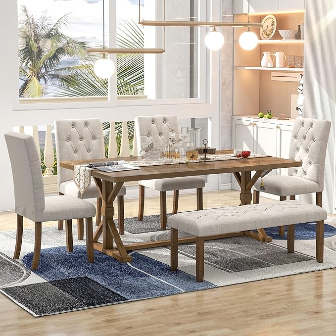 Harper & Bright Designs 6-Piece Farmhouse Dining Table Set 72" Wood Rectangular Table, 4 Upholstered Chairs with Bench (Walnut)