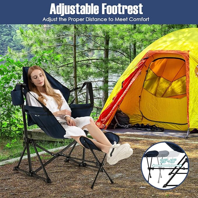 Giantex Outdoor Hammock Camping Chair - Rocking Chair with Removable Footrest, Adjustable Backrest, Pillow, Cup Holder, Storage Bag, Portable Swinging Chair for Poolside Patio Folding Chair (1, Navy)