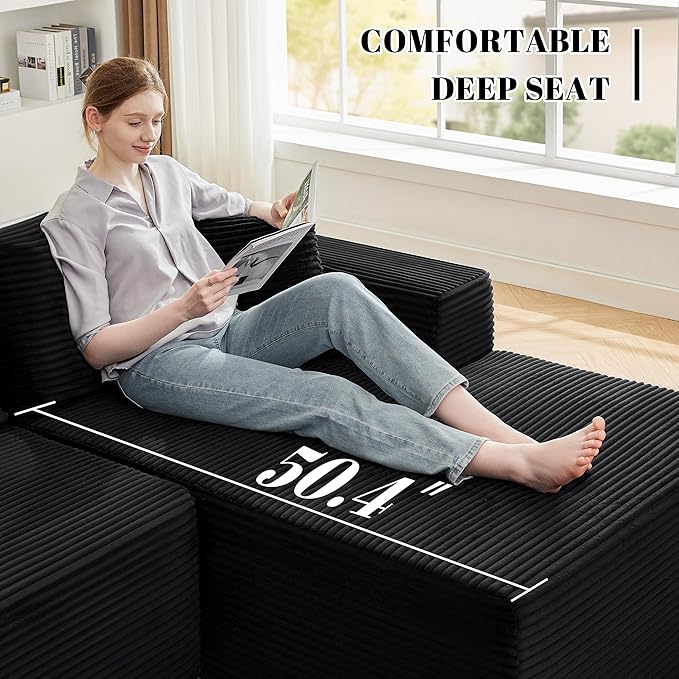 Mangodan 110” Cloud Sectional Couch, Boneless Sofa for Living Room, Modular Sectional Sofa with Deep Seat, Comfy Fluffy Couch with L-Shaped Chaise, No Assembly Required (Right-Facing Chaise, Black)