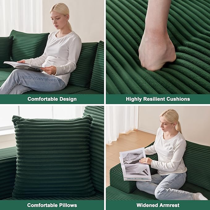 Mangodan 110” Cloud Sectional Couch, Modular Sectional Sofa with Deep Seat, Boneless Sofa for Living Room, Fluffy Comfy U-Shaped Couch with Left Facing Chaise, No Assembly Required, Green
