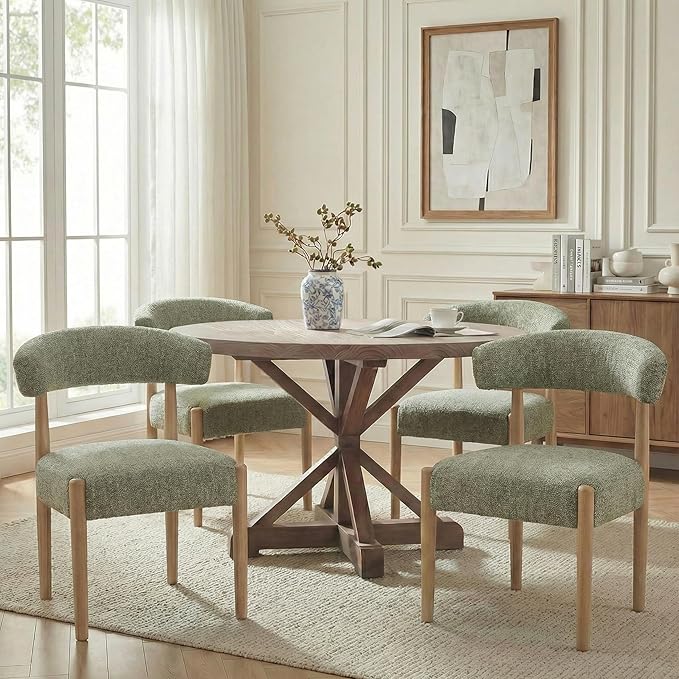 VKNOW Upholstered Dining Room Set for 4, Mid-Century Modern Dining Chairs Set of 2 and Dining Bench with Rubberwood Legs, for Dining Room, Living Room, Kitchen, Green