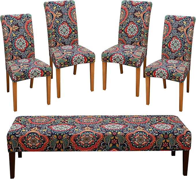 FORCHEER Boho Dining Room Chair Covers Set of 4 with 1 PC Bench Cover Stretchy Slipcovers for 4 Dining Parson Chairs and Bench Removable Washable（Printed Boho-MT）