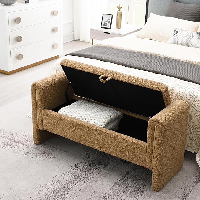 Christopher Knight Home Upholstered Storage Ottoman, Teddy Fabric Bench with Solid Wood Legs, Comfortable Foot Rest Stool, Storage Bench for Bedroom End of Bed, Living Room, Dining Room, Khaki