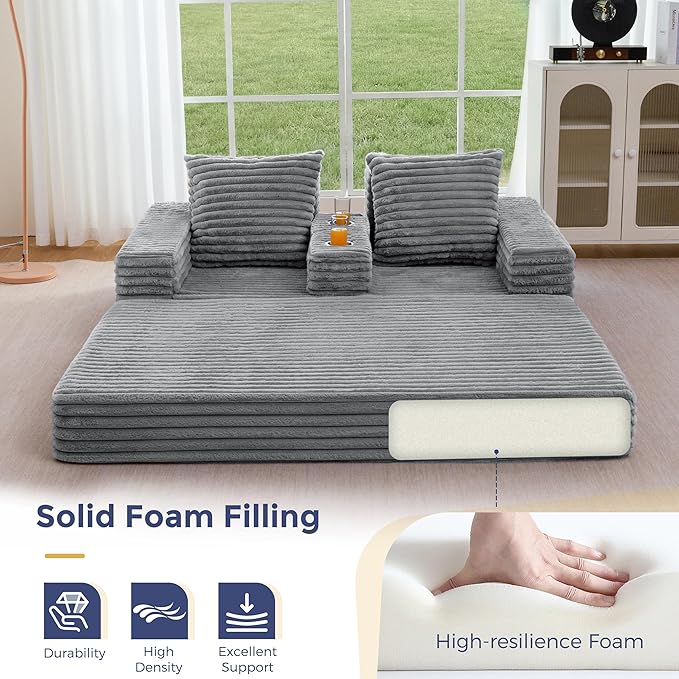 MAXYOYO Loveseat Sofa Bed, Striped Faux Fur Foldable Floor Sofa Couch in A Box, 4 in 1 Convertible Boneless Couch with 2 Cup Holders, Folding Recliner Sleeper Chair, No Assembly Required, Grey