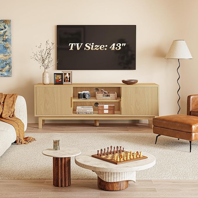 PRAISUN 54 Inch Fluted TV Stand for TVs Up to 55, 60 Inch, Mid Century Modern Entertainment Center with Storage, TV Console with Adjustable Shelves, Midea Console for Living Room Bedroom, Beige