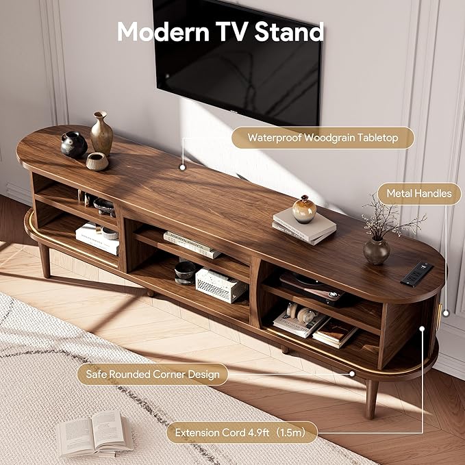 Decofy Mid Century TV Stand for TVs up to 90 Inches, Entertainment Center with Storage, Power Outlet, Fluted Sliding Doors & Adjustable Shelves, Modern Media TV Console Table for Living Room (Walnut)