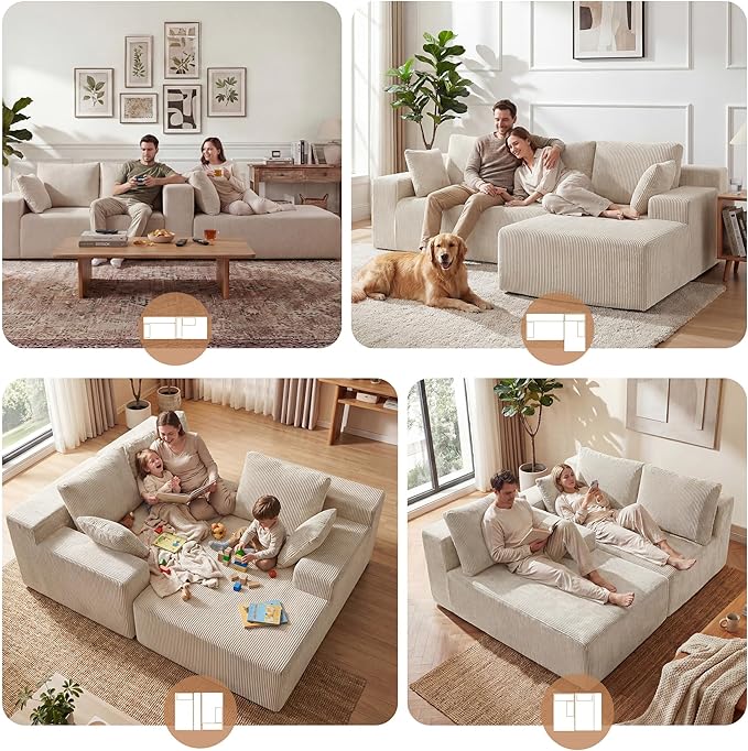 GRUSIGN Cloud Sectional Boneless Couches for Living Room, Modular L Shaped Couch with Deep Seat Oversized Right Facing Chaise, Memory Foam Compressed Spineless 3 Seater Sofa for Apartment, Taupe | No Assembly Required