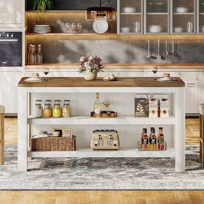63-Inch Solid Wood Kitchen Island with Storage Shelves, Farmhouse Island Table with Seating, Counter Height Bar Table for Dining Room, Kitchen, Easy to Assemble, White and Brown