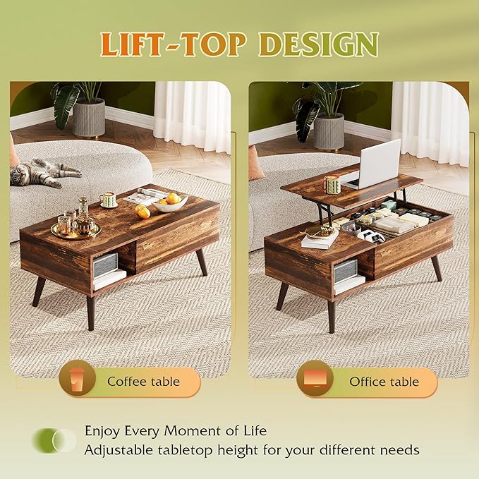 WLIVE Coffee Table with Storage & Lifting Top for Living Room, 21" Small Lift Top for Small Space Apartment, 31" Wooden Multifunctional Coffee & Dining Center Table for Home Office Work, Rustic Brown