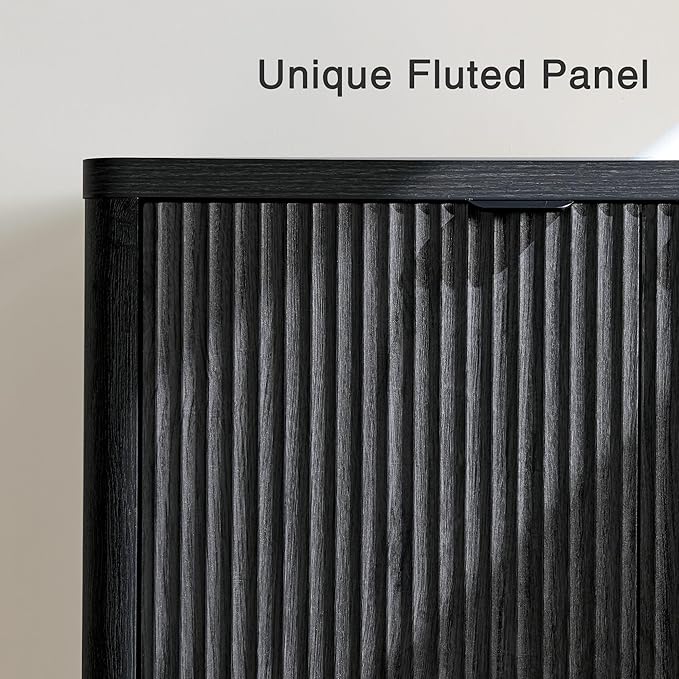 Fatmok 65" Buffet Cabinet with Storage, Fluted Credenza Sideboard with 4 Doors & Adjustable Shelves, Large Coffee Bar Console Table for Dining Room, Living Room, Entryway, Black Grey