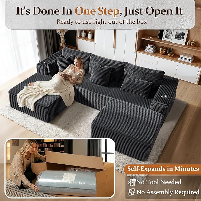 108" Oversized Cloud Sectional Couch, Comfort U Shaped Boneless Couch for Living Room, Extra Deep Seats No Assembly, Modular Sofa, Corduroy (Dark Grey, 2 Seater+Right Facing Chaise+Ottoman)