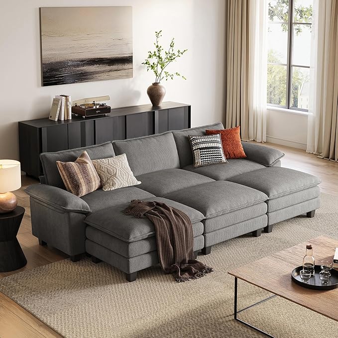 LINSY HOME 123" Modular Sectional Sofa, 3-Seat Corduroy Modern Cloud Couch with Deep Seat & 3 Movable Ottoman, Perfect for Living Room, Office, Bedroom, Grey