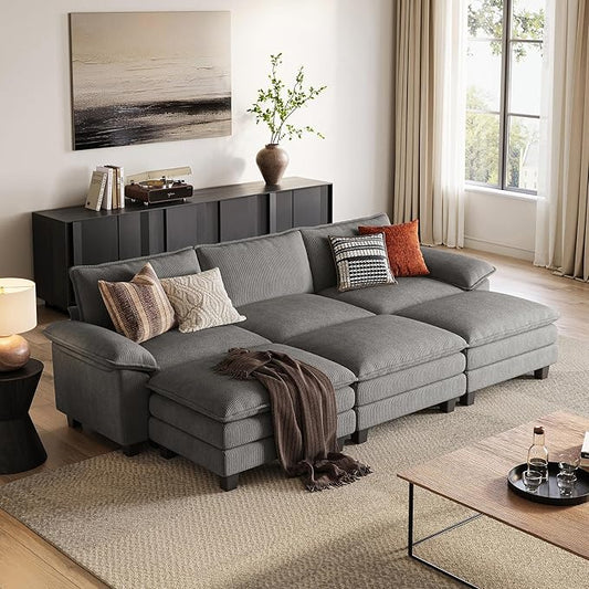 LINSY HOME 123" Modular Sectional Sofa, 3-Seat Corduroy Modern Cloud Couch with Deep Seat & 3 Movable Ottoman, Perfect for Living Room, Office, Bedroom, Grey