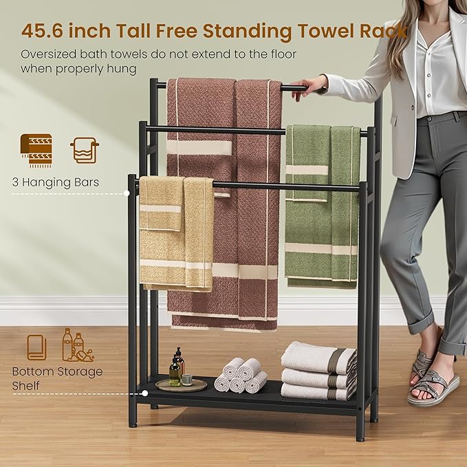 46" Extra Large Freestanding Towel Rack Stand for Bathroom, 3 Tier Blanket Ladder Holder, Outdoor Bath Towel Drying Rack with Shelf, Next to Tub or Shower, Quilt Rack, Black